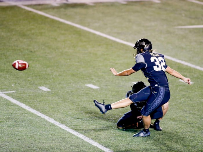 Sarah Fuller kicks an extra point for Vanderbilt’s football team